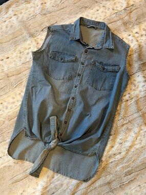 Sleeveless Denim Tie-Front Shirt